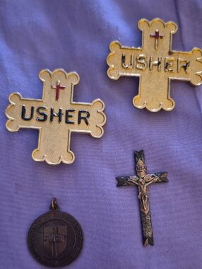 Gold-tone 'USHER' Cross Pins and Crucifix Pendant Set